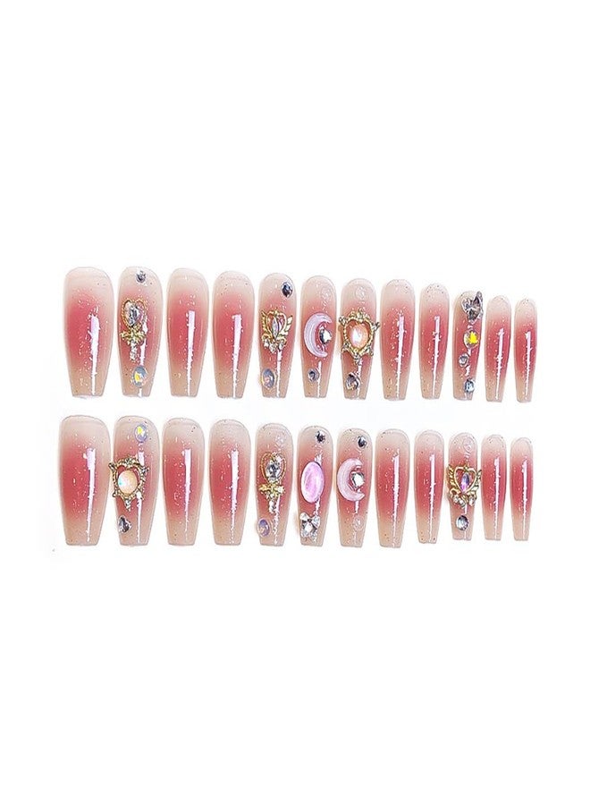 RikView Long Press on Nails Pink Fake Nails with 3D Design Coffin Nails Glossy Full Cover Nails for Women 24 PCs/Set - Image 5